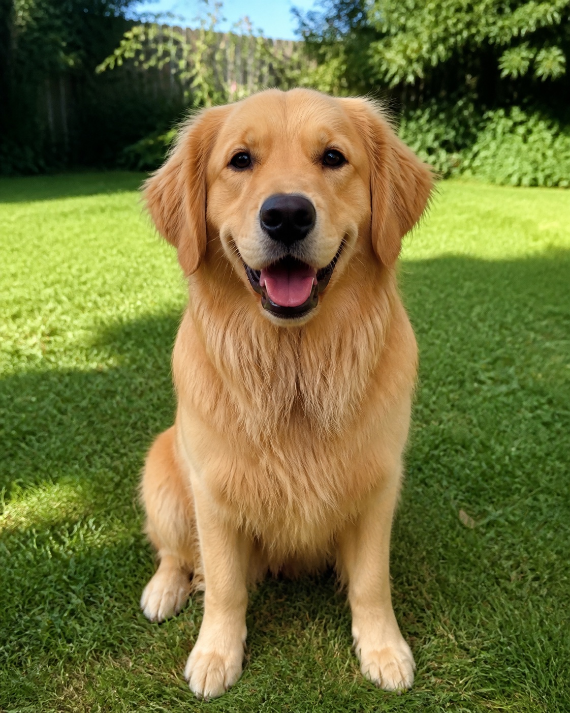 A treasured golden retriever photo in a sunny garden
